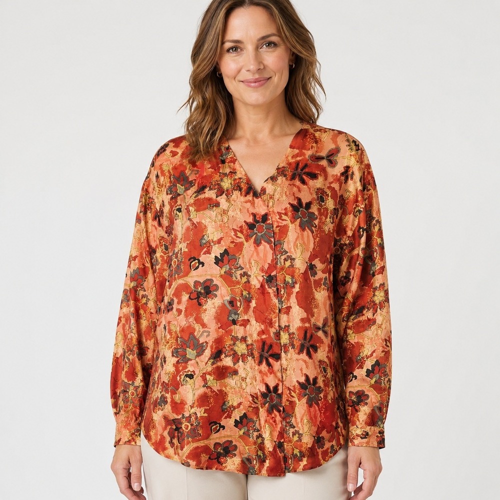 VTG Retro Women 100 Percent Silk Floral Button Down Blouse Size M Rust Boho Fall
